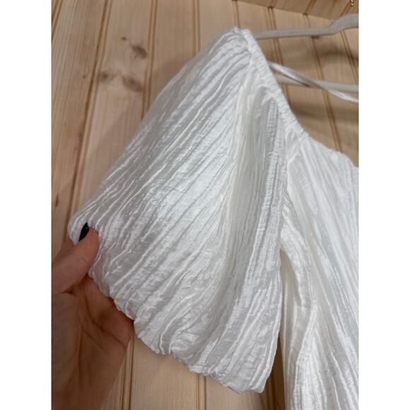 NWT Lulus Heavenly Energy White Textured Puff Sleeve Pleated Midi Dress Size M - Picture 6 of 10